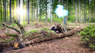 Building of a shelter inside a fallen tree with autonomous heating