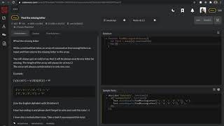 CodeWars || Find the missing letter || JavaScript || Code Challenge