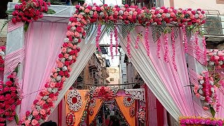 Marriage Welcome Gate Decoration with multicolor Artificial Flowers \u0026 colorful Chains in a Party