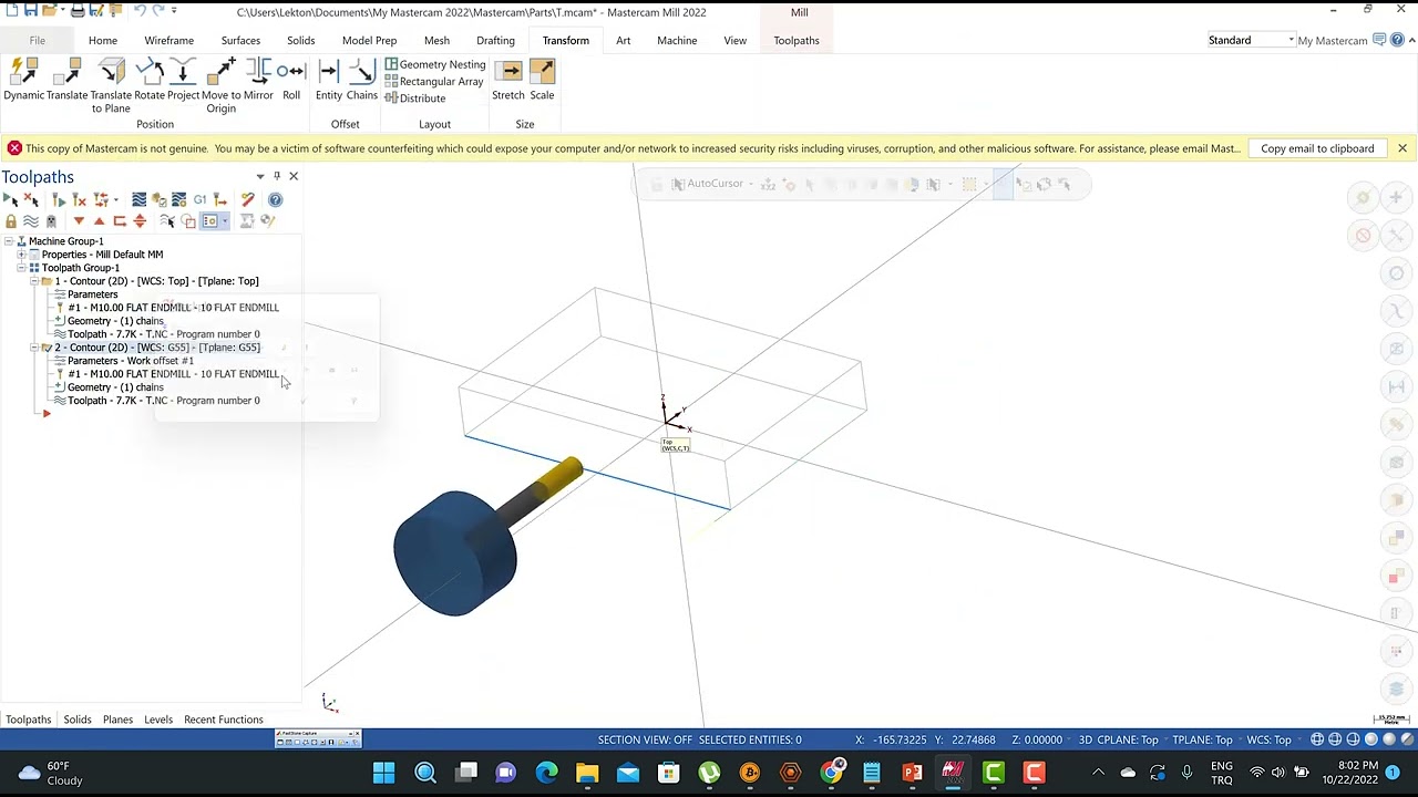 MasterCam Contour Toolpath And Plane Manager G54 G55 - YouTube