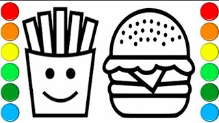 How to draw french fries 🍟 🥖 and burger 🍔 panting and colouring #drawingforkids #drawing