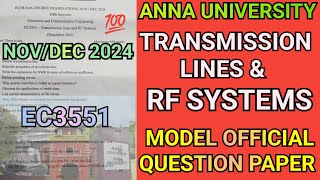 Transmission Lines \u0026 RF Systems Model Official Question Anna University | EC3551| RF Systems #ec3551