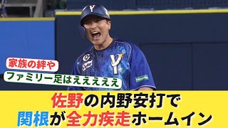 佐野の内野安打でセカンドの関根が全力疾走ホームイン。家族の絆をみせつける