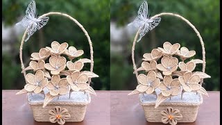 Flower Basket And Jute Flower With Plastic Bowl | DIY Jute Rope Flower Basket Decoration Design Idea