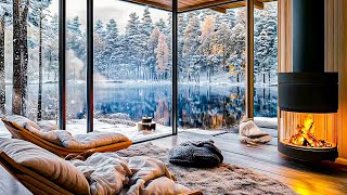 Cozy Fireplace \u0026 Snowy Jazz | Relaxing Winter Ambience by the Lake