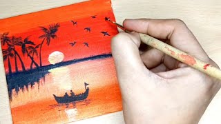 How to make sunset painting on canvas /easy \u0026 beautiful Canvas sunset painting 🎨#shortsfeed #diy