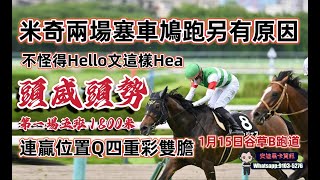 米奇兩場塞車鳩跑另有原因.不怪得Hello文這樣Hea.頭威頭勢第一場連贏位置Q四重彩雙膽.15/1谷草九場B跑道.