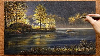 How to draw sunlight by the lake / Lakeside landscape painting / Art painting / A Lu Art.