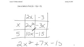 Lesson 7.2 Multiplying Binomials using the Box Method