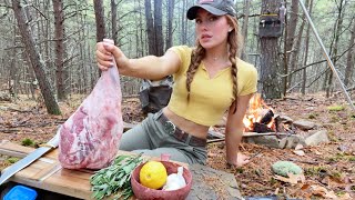 Juicy Whole Leg of Lamb cooked on campfire solo in the woods. ASMR cooking no talking. Caveman style