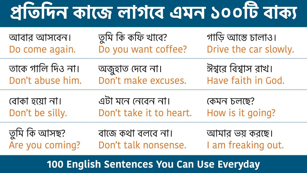 100 Daily Use English Sentences With Bengali Meaning || Useful ...