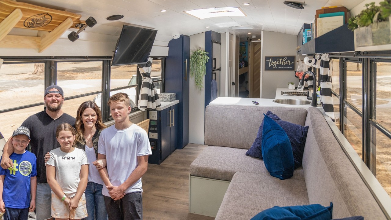 Family Of 5 & Their Gorgeous DIY School Bus Conversion Off Grid Tiny House