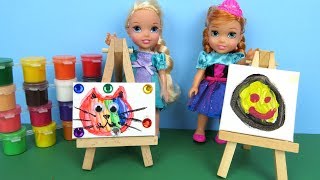 Elsa and Anna toddlers at art class - Barbie is teacher - Paintings - Colors