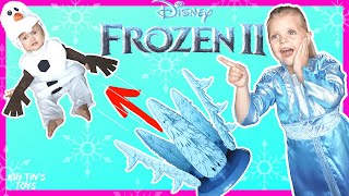 Kin Tin Frozen Dress Up As Elsa Makes Baby Sister Olaf FLY! Frozen Board Game and Family Fun!