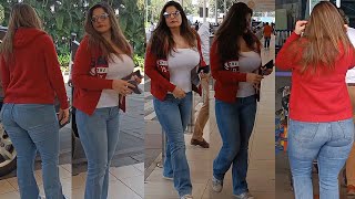Super Bombastic Zareen Khan Flaunts Her Super Huge Figure In Transparent White Top Wid BF At Airport
