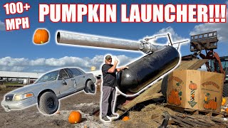 Launching Pumpkins 100+MPH At My Crown Vic!! This Pumpkin Launcher Is No Joke.. + HUGE ANNOUNCEMENT!