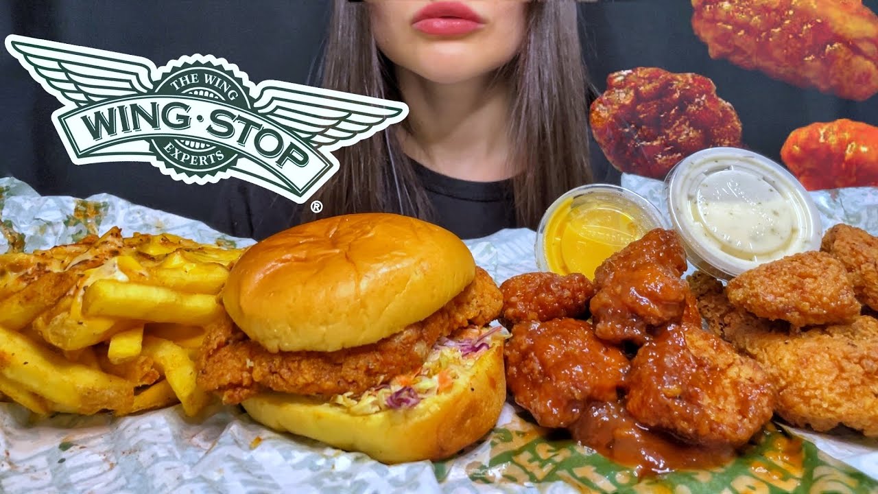 WINGSTOP | ASMR MUKBANG | EATING BURGER, CHICKEN WINGS, CHEESE FRIES ...