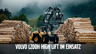 Volvo L200H High Lift showing off its strength in the log yard