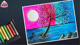 How to draw a Beautiful Purple Moonlight Scenery With Oil Pastel - Step by Step