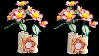 Jute Flower With Vase Out Of Waste Bottles || DIY Flower/Flower vase Decoration Idea with Jute Rope