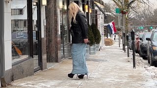 012125 Crossdresser Walks With 6 1/2” Platform Boots and Long Denim Hobble Skirt Through The Town