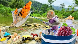Monkey Baby Bim Bim rescue koi fish, lobsters, crabs, pigs, cow, ducks and horses in the stream