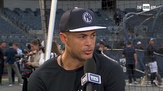 Catching up with Giancarlo Stanton during Yankees Batting Practice
