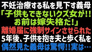 【スカッとする話】不妊治療中の私に義母「孫が産めないなら今すぐ息子と離婚しろ！」そのまま義実家を追い出された→５年後、子供を抱く私を見た義母は唖然。子供の父親を教えてあげると…ｗ【修羅場】【