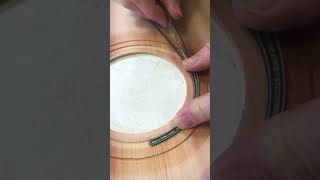 Abalone rosette around a harp guitar sound hole