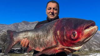 5 KG of Fish fried in a cauldron! Cooking in the Snowy Mountains of Azerbaijan