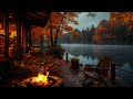 Lakeside Porch Ambience 🍁 Autumn Rainy Morning And Bonfire Burning For Sleep, Relax, Rest🔥