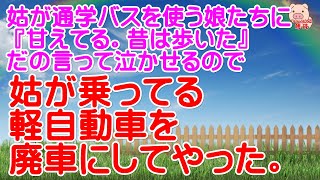 【スカッとする話 Ⅱ】姑が通学バスを使う娘たちに『甘えてる。昔は歩いた』だの言って泣かせるので、姑が乗ってる軽自動車を廃車にしてやった。（スカッとんCH）