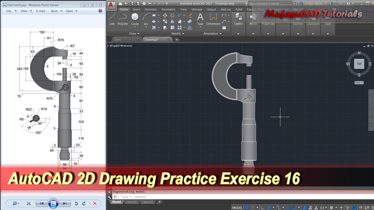 Autocad 2d Practice Drawing Exercise 16 Basic Tutorial Youtube