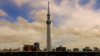 【 4Ｋ 】東京スカイツリー　流れる雲　隅田川テラス　 Clouds flowing Tokyo Skytree　隅田公園　築山　前