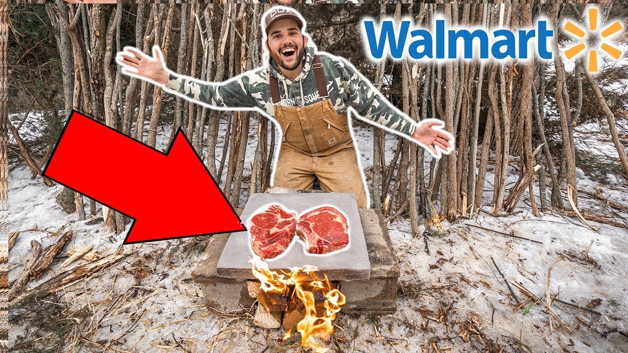 Cooking WALMART STEAK on a ROCK in My BACKYARD!!! (Primitive  Survival)