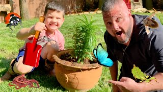 KIDS BUG HUNT, PLANTING TREES and PLAYING OUTSIDE WITH CALEB AND DAD!
