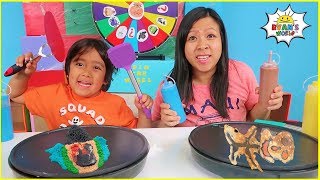 PANCAKE ART CHALLENGE Mystery Wheel!! Learn how to make Pancake Art with Ryan!!!