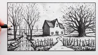 How to Draw a Cottage in a Landscape
