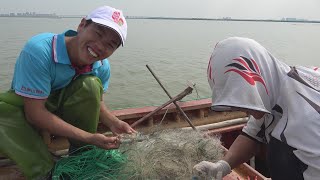 小池在海湾放下几张白网，花蟹挂满一大片，2人解开大概有7斤多