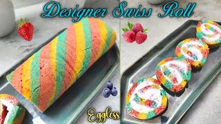 Designer Colourful Swiss Roll Recipe. Easy Eggless Vanilla Swiss Roll in 15 Min