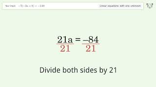 Solve -7(-3a+8)=-140: Linear Equation Video Solution | Tiger Algebra