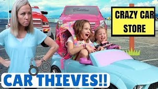 Addy and Maya are Silly Thieves at the Crazy Car Store