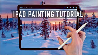 IPAD PAINTING TUTORIAL - Snow Forest Sunset Landscape in Procreate