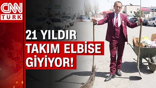 Ardahan'da sokakları takım elbiseyle temizleyen belediye işçisi