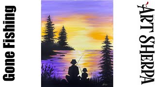 Father and Child Fishing Sunset 🌺🌸🌼 EASY Beginners Acrylic painting Step by Step  #AcrylicTutorial