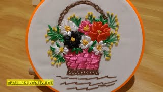 riibbon Embroidery flower basket ll hand Embroidery tutorial