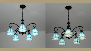 Aeyee Tiffany Pendant Light Fixture, Vintage Blue Stained Glass Chandeliers for Living Room