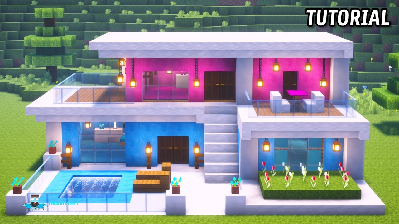 Minecraft How To Build A Modern House With Pool Tutorial Youtube