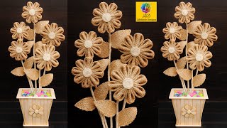 DIY Flower Vase Decoration Idea with Jute Rope and Popsicle Sticks | HomeDecor Jute Flower Showpiece