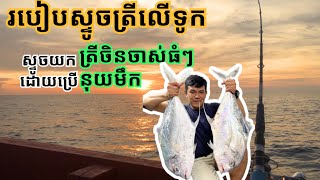 របៀបស្ទូចត្រីលើទូក យកត្រីចិនចាស់ធំៗ ដោយប្រើនុយមឹក| How to fishing big African pompano by using squid